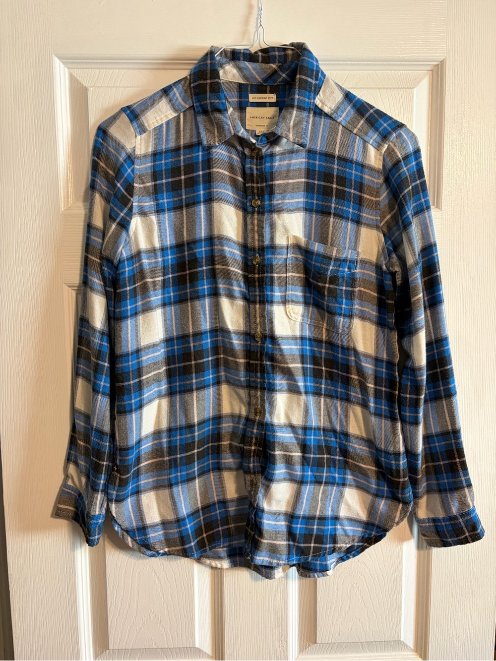 American Eagle Ahh-Mazingly Soft Flannel Shirt S Blue Plaid Boyfriend Fit